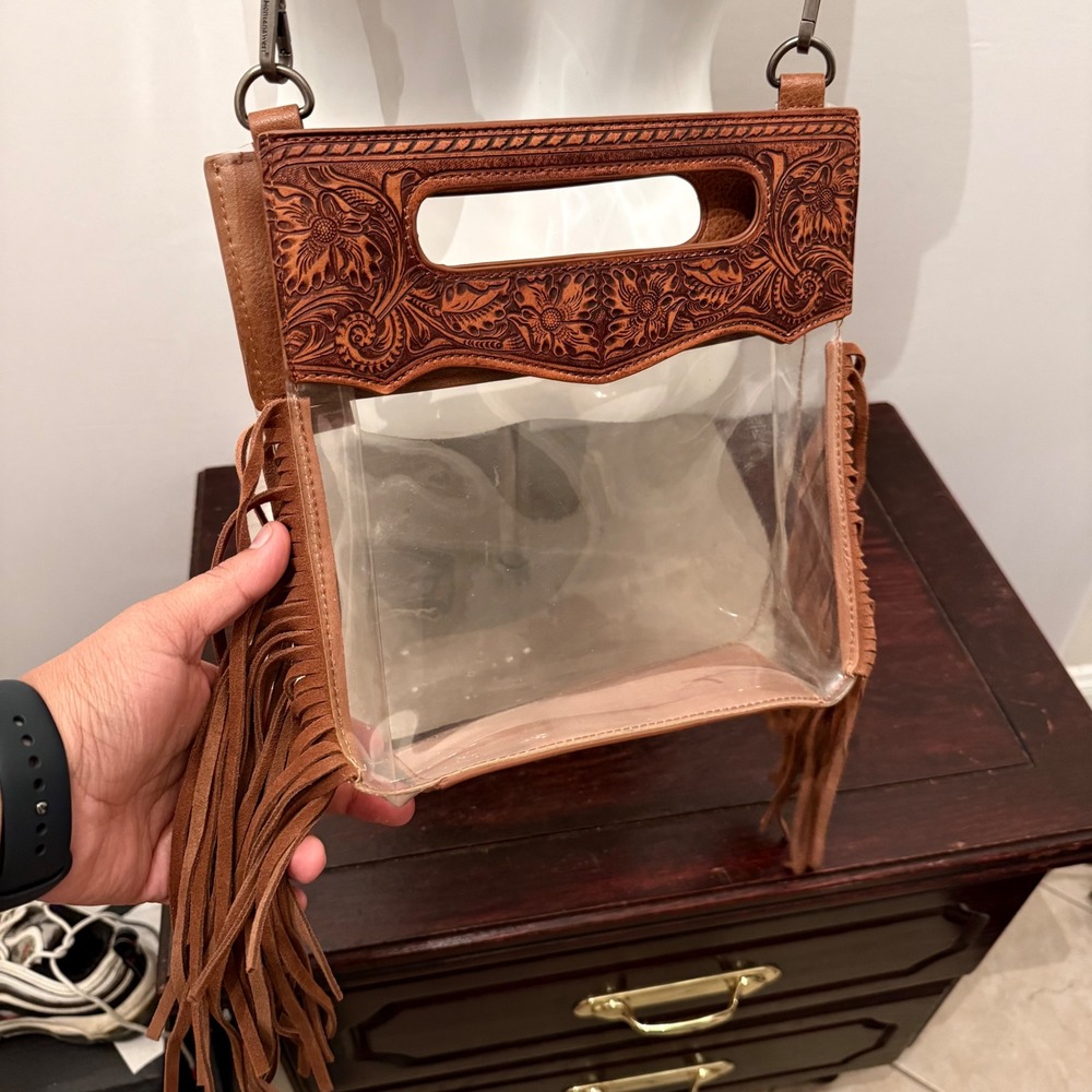 Montana West Crossbody Bag Western Clear Tooled Leather Fringe Brown OS - Picture 2 of 6